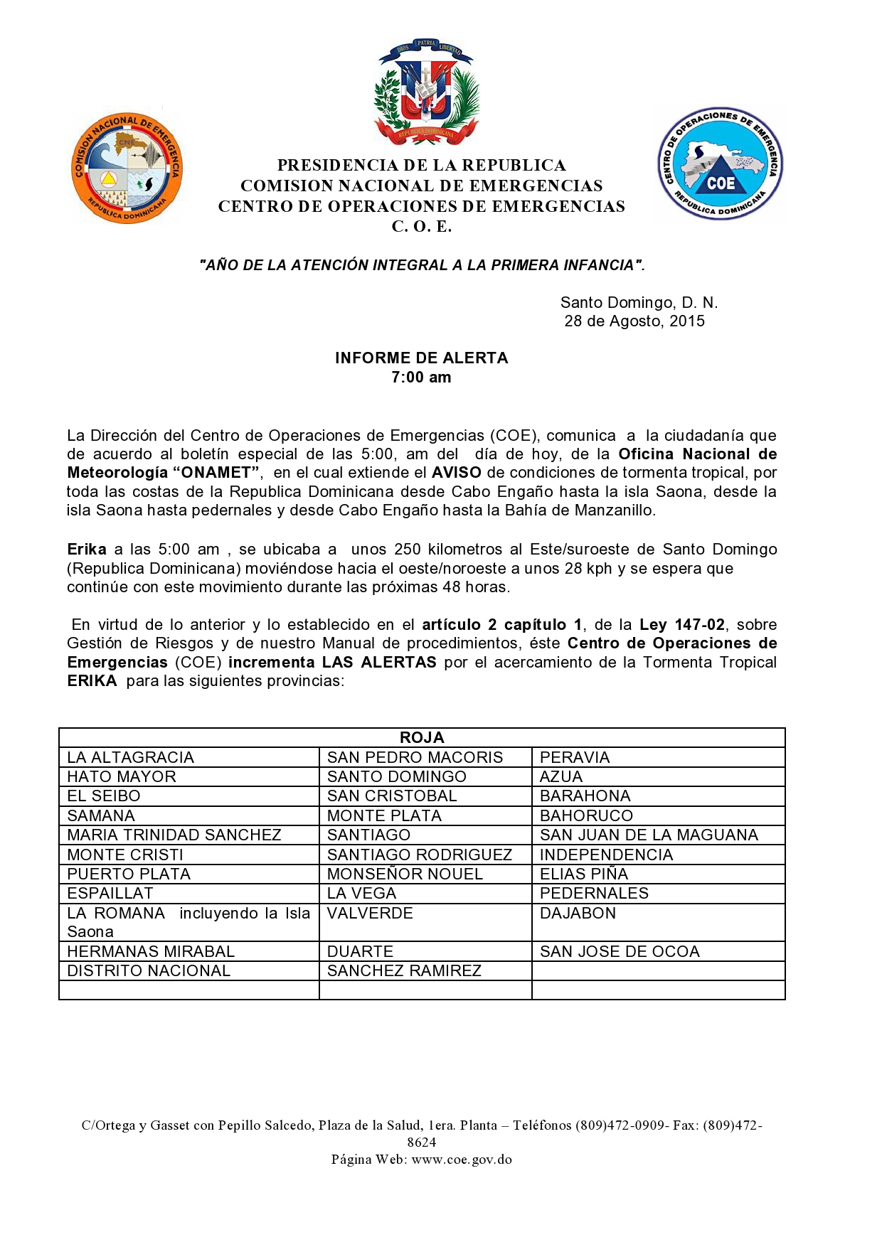 Recomendaciones del COE a la Población para el año 2015