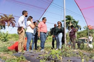 El director de Contrataciones con miembros de cooperativa de mujeres productoras de Monteplata. 